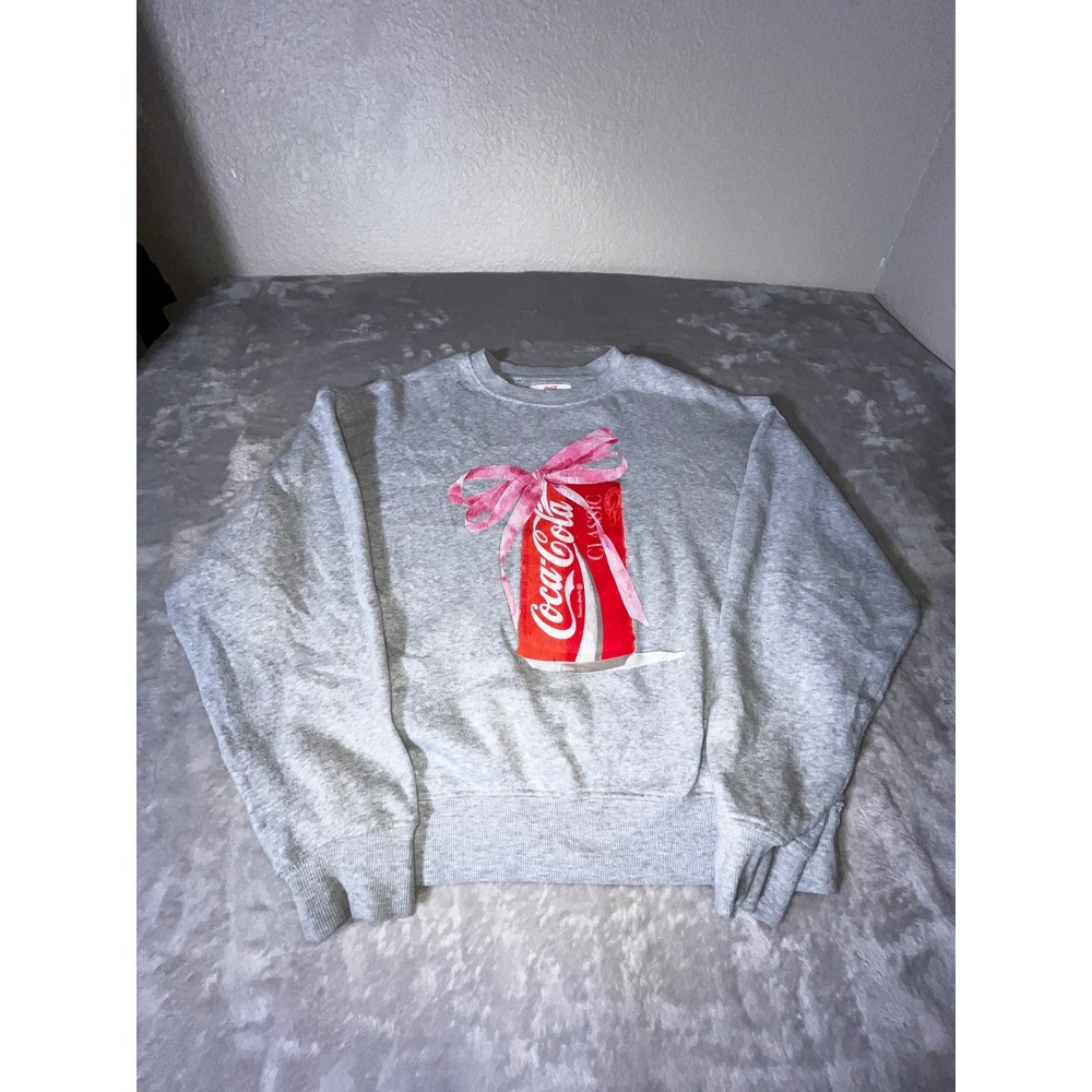 Coca-Cola Graphic Sweatshirt Gray Pink Ribbon Bow Coke Can Pullover XXS